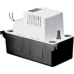 Condensate Pumps                                                                VCMA-15 Series Condensate Pumps                                                 - Discharge: 3/8" OD barbed                                                     - Impeller: Glass filled                                                          polypropylene                                                                 - Check valve: Acetal                                                           - ABS housing/tank cover,                                                         motor cover, volute, and tank                                                 - 1/2 Gallon collection tank                                                    - Vertical centrifugal pump design                                              - Automatic start and stop operation                                            - (3) 1-1/8" Diameter inlet openings (two fitted with removable cap plug)       - Thermally protected, fan cooled motor - Built-in wall mount tabs on tank                                              - Removable pump float locking tab                                              - Maximum water temperature: 140  F                                              - 6' 3-Conductor cable with grounded 3-prong plug