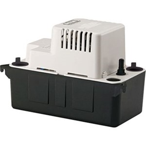Condensate Pumps                                                                VCMA-20 Series Condensate Pumps                                                 - Discharge: 3/8" OD barbed                                                     - Impeller: Glass filled                                                          polypropylene                                                                 - Check valve: Acetal                                                           - ABS housing/tank cover,                                                         motor cover, volute, and tank                                                 - 1/2 Gallon collection tank                                                    - Vertical centrifugal pump design                                              - Automatic start and stop operation                                            - (3) 1-1/8" Diameter inlet openings (two fitted with removable cap plug)       - Thermally protected, fan cooled motor - Built-in wall mount tabs on tank                                              - Removable pump float locking tab                                              - Maximum water temperature: 140  F                                              - 6' 3-Conductor cable with grounded 3-prong plug