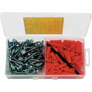 Anchors                                                                         Plastic Anchor Kit                                                              - For sheet rock applications                                                   - Anchor size: 1/4" x 1"                                                        - Screw size: 10" x 1-1/4" HWH                                                  - Head size: 5/16" hex