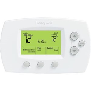 FocusPRO   6000 5+2 or 5+1+1 Day Programmable Digital Thermostats                - Large, clear, backlit display, largest in its class                           - Precise comfort control (+/-1  F) maintains consistent comfort to the highest level of accuracy                                                                - Displays both room and set temperature                                        - Simplified programming and operation                                          - Easy change flip-out battery door                                             - Built-in instructions                                                         - Adaptive Intelligent Recovery                                                 - Automatic or manual selectable changeover                                     - Temperature range stops                                                       - Displays:                                                                     - Standard: 3.75 square inch - Large: 5.09 square inch                                                       - Setting temperature range:                                                    - Heat: 40   to 90  F (4.5   to 32  C)                                              - Cool: 50   to 99  F (10   to 37  C)                                               - Dimensions: 3-9/16"H x 5-13/16"W x 1-1/2"D                                    - Premier White                                                                  - 5-Year limited warranty                                                       -                                                                               -                                                                                 *With Logo                                                                    **With Label