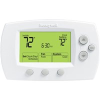 FocusPRO   6000 5+2 or 5+1+1 Day Programmable Digital Thermostats                - Large, clear, backlit display, largest in its class                           - Precise comfort control (+/-1  F) maintains consistent comfort to the highest level of accuracy                                                                - Displays both room and set temperature                                        - Simplified programming and operation                                          - Easy change flip-out battery door                                             - Built-in instructions                                                         - Adaptive Intelligent Recovery                                                 - Automatic or manual selectable changeover                                     - Temperature range stops                                                       - Displays:                                                                     - Standard: 3.75 square inch - Large: 5.09 square inch                                                       - Setting temperature range:                                                    - Heat: 40   to 90  F (4.5   to 32  C)                                              - Cool: 50   to 99  F (10   to 37  C)                                               - Dimensions: 3-9/16"H x 5-13/16"W x 1-1/2"D                                    - Premier White                                                                  - 5-Year limited warranty                                                       -                                                                               -                                                                                 *With Logo                                                                    **With Label