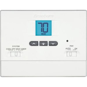 1000 Series Non-Programmable Thermostats                                        - Compatible with gas, oil, electric, heat pump and millivolt systems           - Bright blue display backlight                                                 - Adjustable temperature limits                                                 - Easy-access front battery door                                                - Hardwired or battery powered                                                  - Non-volatile memory retains user settings                                     - Separate O and B terminals                                                    - Compressor short-cycle protection                                             - Separate heating and cooling set point temperatures                           - Low battery indication                                                        - ESD Guard  electronic circuitry                                               - Front access reset button - F  /C   Switch                                                                  - Gas/electric fan switch                                                       - Mount to horizontal box                                                         1200NC Builder Series Economy Non-Programmable Thermostat                     - Auxiliary heat indicator                                                      - Emergency heat switch                                                         - 2-Year limited warranty