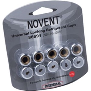 Novent   Locking Refrigerant Caps                                                - Seals service valve to prevent leaks                                          - Help prevent illegal venting or                                                 accidental mixing of refrigerant                                              - Color-coded for easy identification                                           - Corrosion-resistant                                                           - Resists crushing and removal                                                    without key                                                                   - Integral torque limiter                                                         Silver 1/4" Thread Any Gas Refrigerant Cap