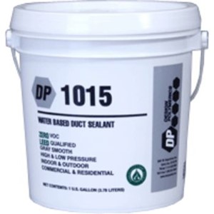 Sealants                                                                        DP 1015 Water-Based Duct Sealant                                                - For commercial and residential applications                                   - High velocity duct sealant                                                    - Crack, peel, mold, mildew,                                                      and sag-resistant                                                             - Water and UV-resistant                                                        - Zero VOC                                                                      - Use up to 15" water column pressure                                           - LEED Qualified                                                                - UL Listed