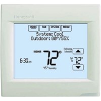 VisionPRO   8000 Touchscreen 7-Day Programmable Thermostats with RedLINK  Technology                                                                             - Thermostat works standalone or with the THM5421R1021 equipment                  interface module or with the THM4000R1000 TrueZONE   wireless adapter          - Selectable for residential and light commercial applications                  - Smart schedule programs in seconds, no manual needed                          - Patented interview based programming and installer setup                      - Light commercial use; commercial language (occupied and unoccupied),            schedule holidays and custom events, remote setback (requires                 THM5421R1021 equipment interface module), economizer and time of day            - Works with RedLINK  wireless communication and accessories                    - Alerts and user interactions log, keeps a searchable history of alerts          and setting changes to the thermostat to determine if there is a system malfunction or if the issue was caused by a user error; viewable on a           computer after you download them from the thermostat to a microSD card          - MicroSD port for copying the installer setup, customizable                      service reminders, custom events and holidays to multiple thermostats;        adding the dealer's contact information on screen                               - Meets commercial code and is title 24 compliant                               - Precise temperature control: (+/-1  F) for reliable and consistent temperature - Multiple staging options to provide comfort or energy savings                 - 10 sq inch Display                                                            - Automatic or manual selectable changeover                                     - Battery or hardwired (C wire) power method                                    - Setting temperature range:                                                    - Heat: 40   to 90  F (4.5   to 32  C)- Cool: 50   to 99  F (10   to 37  C)                                               - Dimensions: 4-5/8"H x 4-15/16"W x 1-1/8"D                                     - Meets commercial code and is title 24 compliant                               - 5-Year limited warranty with timely registration                              -                                                                               -                                                                                 **With Label                                                                  *** Includes a set of Universal IAQ contacts to control humidification, dehumidification or ventilation