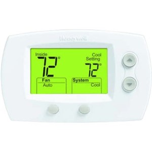 FocusPRO   5000 Non-Programmable Digital Thermostats                             - Electronic control of 24V, heating and cooling systems or 750mV heating systems                                                                               - Built-in compressor protection: minimum-off timer protects                      compressor from restarting too early after a shutdown                         - Clear backlight display available with large or standard screen               - Precise comfort control (+/-1  F) of your set temperature                      - Temperature control range stops                                               - Soft-key, simplified controls                                                 - Automatic or manual selectable changeover                                     - Battery or hardwired power method                                             - Easy change battery door flips out without disassembling thermostat           - Setting temperature range: - Heat: 40   to 90  F (4.5   to 32  C)                                              - Cool: 50   to 99  F (10   to 37  C)                                               - Display:                                                                      - TH5110 Large: 2.98 square inch                                                - TH5220 Standard: 3.75 square inch; Large: 5.09 square inch                    - Dimensions:                                                                   - TH5110: 3-7/16"H x 4-1/2"W x 1-5/16"D                                         - TH5220: 3-9/16"H x 5-13/16"W x 1-1/2"D                                        - Premier White   color                                                          - 5-Year warranty                                                               -                                                                               -                                                                                 *With Logo**With Label