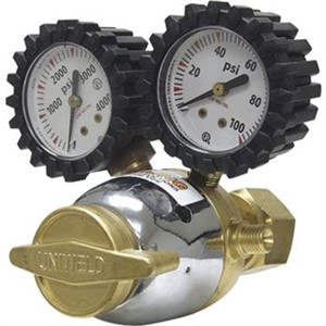 Regulators                                                                      Patriot Series Light-Duty Single-Stage Regulator                                - 1-1/2" Gauges with                                                              protective rubber                                                             gauge boots                                                                     - Brass body                                                                    - Outlet connections:                                                           - "A" 3/8"-24 (M)                                                               - "B" 9/16"-18 (M)                                                              - UL Listed                                                                     -                                                                               -                                                                                 * Blow off disc type pressure relief for low pressure gauge protection only