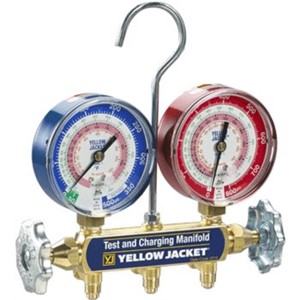 Series 41 Manifolds with 3-1/8" Gauges                                          - 3-1/8" Color-coded gauges in                                                    rugged steel cases with                                                       polycarbonate crystals and 1%                                                   accuracy                                                                        - Burst: 4,000 psi                                                              - Working pressure: 800 psi                                                     - Sliding double o-ring pistons                                                 - Long life nylon seats                                                         - Durable forged brass body                                                     - Full porting maximizes capacity                                                 and flow                                                                      - Some models include color-coded 60" Plus II  hose with standard                                               1/4" flare fittings                                                             - UL Recognized                                                                   3-1/8" Bar/PSI (  F) Scale with Red/Blue Gauges                                - For R-32 and R-410A