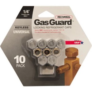 GasGuard  Keyless Locking Refrigerant Caps                                      - Resists crushing and removal without socket tool                              - Corrosion-resistant stainless steel                                           - Locking cap has no keyhole to clog                                            - Integral neoprene O-ring resists oils and sealants                              GasGuard  Silver 1/4" Thread R-410 Socket