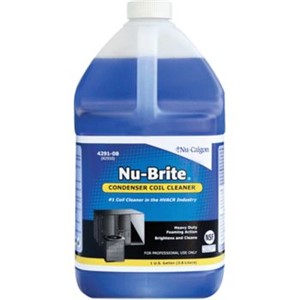 Coil Cleaners                                                                   Nu-Brite   Condenser Coil Cleaner                                                - Non-acid, alkaline-based                                                      - For cleaning and brightening air cooled condensers                            - Formulated with foaming detergents and                                          chelants to penetrate and dissolve greasy                                     dirt and grime and foam it right out of the coil                                - High-foaming                                                                  - Biodegradable                                                                 - Not recommended for indoor use