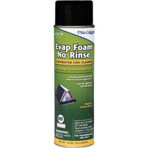 Coil Cleaners                                                                   Evap Foam   No-Rinse Coil Cleaner                                                - High performance detergent with                                                 special surfactants and alkaline cleaners                                     - Self-rinsing, fast-breaking foam                                              - Spray right side up or upside down                                            - For cooling or evaporator coils                                               - Lemon scent                                                                   - Biodegradable                                                                 - NSF Certified