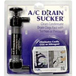 A/C Drain Sucker Kits                                                           - Condensate drain clog                                                           repair and treatment kit                                                      - Removes the clog and                                                            excess water                                                                  - Includes:                                                                     - Drain sucker and hoses                                                        - PurCool   green strip                                                            treatment                                                                     - All fittings for suction or                                                     pressure applications
