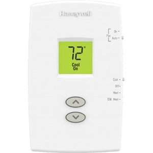 PRO   1000 Builder Series Non-Programmable Digital Thermostats                   - Electronic control of 24V, heating and cooling systems or 750mV heating systems                                                                               - Easy-to-read backlight digital display                                        - Simple-set programming                                                        - Maintains consistent comfort to the highest level of accuracy                 - Easy slide switches allow selection of heat or cool mode and fan operation    - Dual-powered, battery or hardwired                                            - Manual changeover                                                             - Setting temperature range:                                                    - Heat: 40   to 90  F (4.5   to 32  C)                                              - Cool: 50   to 99  F (10   to 37  C)                                               - Dimensions: - Vertical: 4-11/16"H x 2-7/8"W x 1-1/8"D                                       - Horizontal: 3-7/16"H x 4-10/16"W x 1-3/16"D                                   - Premier White