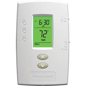 PRO   2000 Builder Series 5+2 Programmable Digital Thermostats                   - Electronic control of 24V, heating and cooling systems or 750mV heating systems                                                                               - Perfect for multi-family housing developments                                   or apartment complexes                                                        - Clear, backlight digital display                                              - Simple-set programming                                                        - Manual changeover                                                             - Dual-powered, battery or hardwired                                            - Adaptive Intelligent Recovery                                                 - Setting temperature range:                                                    - Heat: 40   to 90  F (4.5   to 32  C)                                              - Cool: 50   to 99  F (10   to 37  C) - Dimensions:                                                                   - Vertical: 4-11/16"H x 2-7/8"W x 1-1/8"D                                       - Horizontal: 3-7/16"H x 4-10/16"W x 1-3/16"D                                   - Premier White