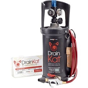 Condensate Drain Line Cleaners                                                  Drain Kat  Condensate Drain Line Cleaner & Accessories                          - Uses Nitrogen or CO2                                                          - 250 psi Adjustable regulator with                                               internal bleed-down safety                                                    - Dual inlet and outlet gauges                                                  - On/Off valve                                                                  - Hose reach: 87"                                                               - Includes:                                                                     - Universal cone                                                                - Adjustable shoulder strap                                                     - Compact lightweight case