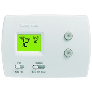 PRO   3000 Basic Non-Programmable Digital Thermostats                            - Electronic control of 24V, heating and cooling systems or 750mV heating systems                                                                               - Digital backlight display                                                     - Precise comfort control: (+/-1  F) of your set temperature                     - Easy slide switches allow selection of heat or cool mode and fan operation    - Dual-powered, battery or hardwired                                            - Manual changeover                                                             - Setting temperature range:                                                    - Heating: 40   to 90  F (4.5   to 32  C)                                           - Cooling: 50   to 99  F (10   to 37  C)                                            - Dimensions: 3-13/16"H x 5-3/8"W x 1-1/4"D                                     - Premier White - 2-Year limited warranty                                                       -                                                                               -                                                                                 *With Logo                                                                    **With Label