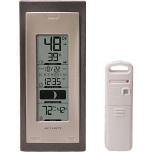 Hygrometers                                                                     Acu-Rite Remote Thermometer/Hygrometer                                          - Monitors remote conditions inside                                               and outside of home from one                                                  central location                                                                - Includes one remote sensor                                                    - Atomic clock automatically adjusts                                              for daylights savings                                                         - Alarm with 8 minute snooze function                                           - Minimum/maximum memory of                                                       temperature and humidity in each area                                         - Moon phase                                                                    - Three second backlight - Relative humidity range: 16% to 98%                                           - Temperature range: -40   to 158  F                                              - Temperature accuracy: up to +/- 4  F                                           - Dimensions: 8.8" x 3.8" x 1"                                                  - Transmission: up to 100ft unobstructed                                        - 1-Year warranty