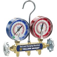 Series 41 Manifolds with 3-1/8" Gauges                                          - 3-1/8" Color-coded gauges in                                                    rugged steel cases with                                                       polycarbonate crystals and 1%                                                   accuracy                                                                        - Burst: 4,000 psi                                                              - Working pressure: 800 psi                                                     - Sliding double o-ring pistons                                                 - Long life nylon seats                                                         - Durable forged brass body                                                     - Full porting maximizes capacity                                                 and flow                                                                      - Some models include color-coded 60" Plus II  hose with standard                                               1/4" flare fittings                                                             - UL Recognized                                                                   3-1/8" PSI (  F) Scale R-22, R-404A & R-410A with Red/Blue Gauges