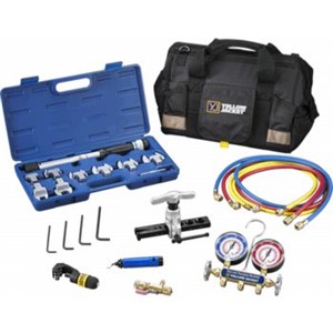 Mini-Split Tool Kits                                                            - Meets manufacturers' specifications                                             on mini-split installations and repairs                                       - R-410A Service tools                                                          - Kits include:                                                                 - Heat Pump Manifold                                                            - 60" Plus II Hoses rated                                                         4,000 psi minimum burst                                                       and 800 psi maximum                                                             working pressure                                                                - Eccentric cone flare tool for                                                   3/16" to 3/4" OD tubing                                                       - Mini-split hex keys: 5/32", 3/16", 5mm, 6mm - 45   R-410A Coupler 5/16" Fem QC x 1/4" M Flr for connecting the vacuum gauge to the valve core tool or for adapting other 5/16" fittings                      - 5/16" Vacuum/charge valve with side port                                      - Adjustable metric torque wrench                                               - Tube cutter and deburring tool                                                - 16" Nylon tool bag with strap and over 25 pockets                               Mini-Split Tool Kit for R-22, R-407C, R-410A Heat Pump Manifold               - For domestic service                                                            applications                                                                  - Hose maximum working                                                            pressure: 800 psi                                                             - Includes:                                                                     - Heat pump manifold forall mini-split refrigerants                                                   and pressures                                                                   - 60" PLUS II R/Y/B Hose                                                          with 1/4" flare fittings                                                      - Eccentric cone flare tool                                                     - Hex key set                                                                   - 5/16" x 1/4" x 1/4" Vacuum/charge valve with side port                        - Tube cutter and deburring tool                                                - Adjustable torque wrench                                                      - 16" Nylon tool bag