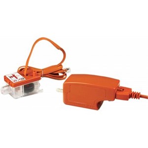 Orange Condensate Pump Kits                                                     - Pump installs remotely above ceiling                                            or inside line set cover                                                      - Pan-mount or inline style reservoir options                                   - Modular terminals for fast connection                                         - Gravity inlet                                                                 - Potted electronics                                                            - 3A NC Dry contacts rated                                                        @ 5A inductive at 230VAC                                                      - Includes:                                                                     - Pump unit                                                                     - Inline reservoir with lid and sensor cable,                                     float and filter - Submersible panmount reservoir                                                - Orange rubber inlet hose                                                      - 5' Length of 1/4" ID vinyl connector hose                                     - 6' Orange power cable assembly                                                - 6" Length of 1/4" ID vinyl breather tube                                      - Drain Hose Adaptor                                                            - (4) 12" x 1/8" Cable ties                                                     - (2) 3/4" x 2" Self-adhesive Velcro strips                                     - Installation manual                                                           - Warning label                                                                 - 1A Inline fuse                                                                - Anti-siphoning device                                                           Mini Orange Condensate Pump Kit- Handles mini-splits up to 30,000 BTUH                                         - Duty cycle: continuous                                                        - Capacity:                                                                     - 3.2 gph @ Zero head                                                           - 1.8 gph @ 33' Head                                                            - Maximum head: 33'                                                             - Noise level: 26 dB(a)                                                         - cETL Listed