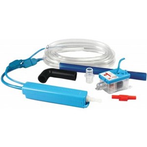 Aqua Condensate Pump Kits                                                       - Ultra slim profile                                                            - Fits inside evaporator or line set cover                                      - Integral hanging loop and separate reservoir facilitates attachment in vertical applications                                                                  - 3A NC Dry contacts rated @ 5A inductive at 230VAC                             - Includes:                                                                     - Pump unit with attached power/alarm                                             cable assembly                                                                - Inline reservoir with lid and sensor cable,                                     float and filter                                                              - Blue rubber inlet hose                                                        - 5' Length of 1/4" ID vinyl connector hose - 6" Length of 1/4" ID vinyl breather tube                                      - Drain Hose Adapter                                                            - (4) 12" x 1/8" Cable ties                                                     - (2) 3/4" x 2" Self-adhesive Velcro strips                                     - Installation manual                                                           - Warning label                                                                 - 1A inline fuse                                                                - Anti-siphoning device                                                           Mini Aqua Universal Voltage Condensate Pump Kit                               - Duty cycle: 50% 5 minutes on / 5 minutes off                                  - Capacity:                                                                     - Up to 49,500 BTUH                                                             - 3.2 gph @ Zero head- 1.6 gph @ 33' Head                                                            - Maximum head: 33'                                                             - Sound level: 24 dB(a)                                                         - Suction lift: 5'                                                              - cETL Listed