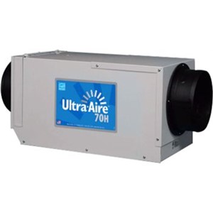 Ultra-Aire  Dehumidifiers                                                       Ultra-Aire  70H Dehumidifier                                                    - Removes up to 70 pints of                                                       water per day                                                                 - Electrical: 115-1-60                                                          - Operating range: 49   to 95  F                                                  - Blower: 150 CFM @ 0.0" WG                                                     - Power: 580W @ 80  F and 60% RH                                                 - Current draw: 5.1A                                                            - Energy factor: 2.4 L/kWh                                                      - Weight: 55 lbs                                                                - Suitable up to 1,800 sq ft