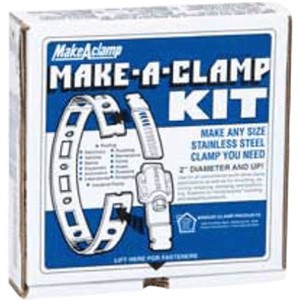 Clamps                                                                          Breeze   Make-A-Clamp Kit                                                        - Make any size stainless steel                                                   worm-drive clamp from 3" diameter                                             and up                                                                          - 5/16" Slotted hex head screw                                                  - 9/16" Stainless steel fasteners and                                             screw/housing assemblies                                                      - Requires snips and screwdriver                                                - Includes:                                                                     - 50' of 1/2" banding                                                           - (50) Adjustable fasteners                                                     - (10) Band slices