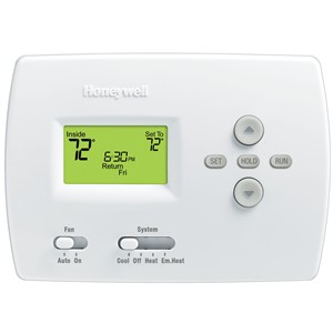 PRO   4000 5+2 Day Programmable Digital Thermostats                              - Electronic control of 24V, heating and cooling systems or 750mV heating systems                                                                               - Easy slide switches allow selection of heat or cool mode, and fan operation   - Weekday/weekend programming to fit your lifestyle                             - Clear, backlight display                                                      - Horizontal mounting                                                           - Precise comfort control: (+/-1  F) of your set temperature                     - Adaptive Intelligent Recovery                                                 - Manual changeover                                                             - Battery or hardwired power method                                             - Built-in instructions                                                         - Setting temperature range: - Heat: 40   to 90  F (4.5   to 32  C)                                              - Cool: 50   to 99  F (10   to 37  C)                                               - Premier White   color                                                          - Dimensions: 3-13/16"H x 5-3/8"W x 1-1/4"D                                     - 5-Year limited warranty                                                       -                                                                               -                                                                                 *With Label                                                                   **With Logo